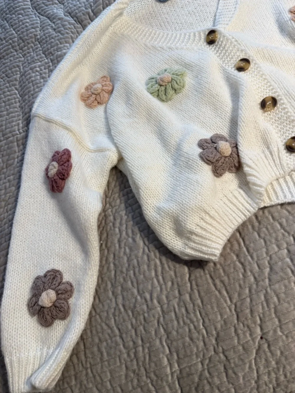 ARULA Cream V-Neck Cardigan with Multicolor Flower Appliqués - Picture 3 of 6